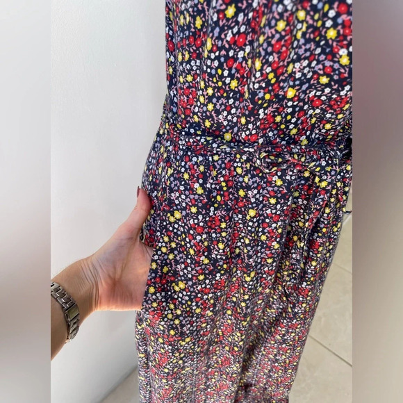 J Crew maxi tiered dress belted linen blend ditsy floral print navy blue size 2 - Picture 3 of 9